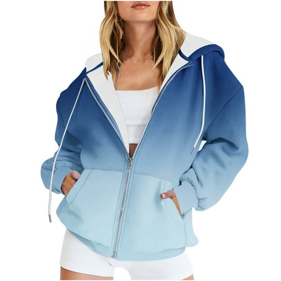 2025 Winter Womens Sweatshirt Coat Drawstring Hooded Coat for Women Fashion Gradient Print Oversized Hoodies Sweatshirt Coat Long Sleeve Zip up Outwear with Pocket