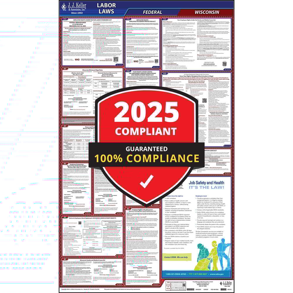 2025 Wisconsin Labor Law Poster, All-in-One Compliant WI State & Federal Laminated Poster (24" x 40" English)