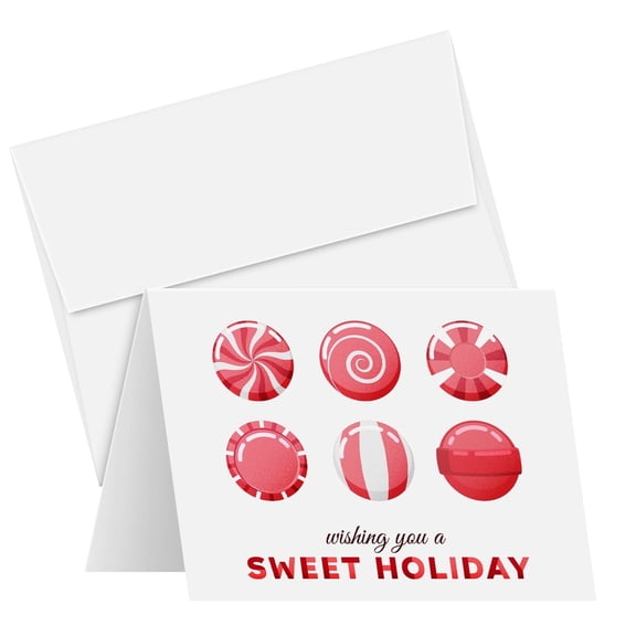 2026 Wishing You A Sweet Holiday! Red and White Xmas Candies Greeting Cards & Envelopes for Christmas & New Year's Gifts & Presents, Blank Inside | 4.25" x 5.5" (A2 Size) | 25 Cards & 25 Envelopes