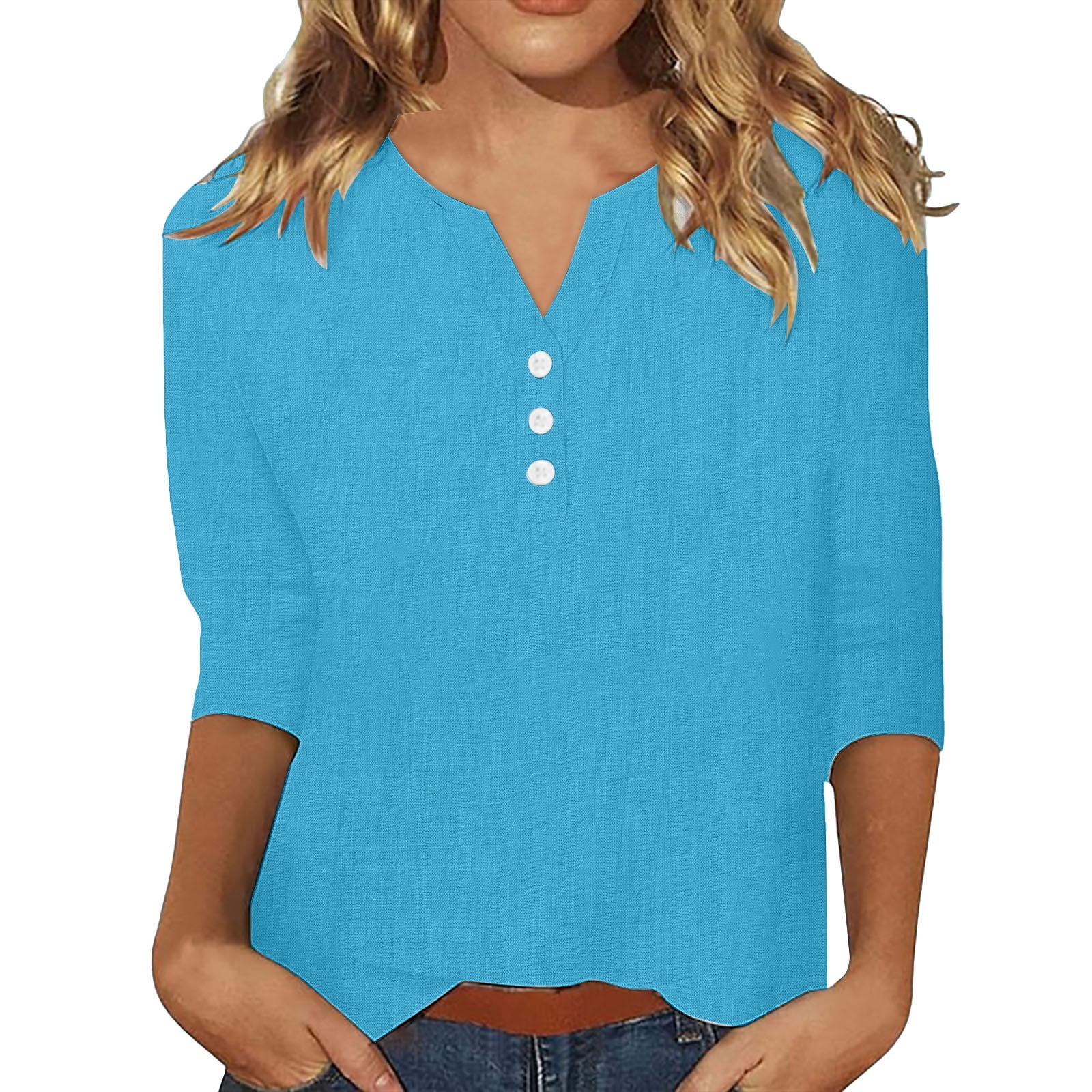Women’s Loose V Neck T Shirt – Cotton Linen Button Top