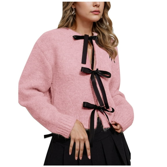 2025 Women Bow Tie Front Cardigan Sweaters Fall Winter Long Sleeve Open Front Chunky Knit Sweater Coats