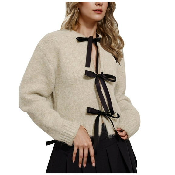 2025 Women Bow Tie Front Cardigan Sweaters Fall Winter Long Sleeve Open Front Chunky Knit Sweater Coats