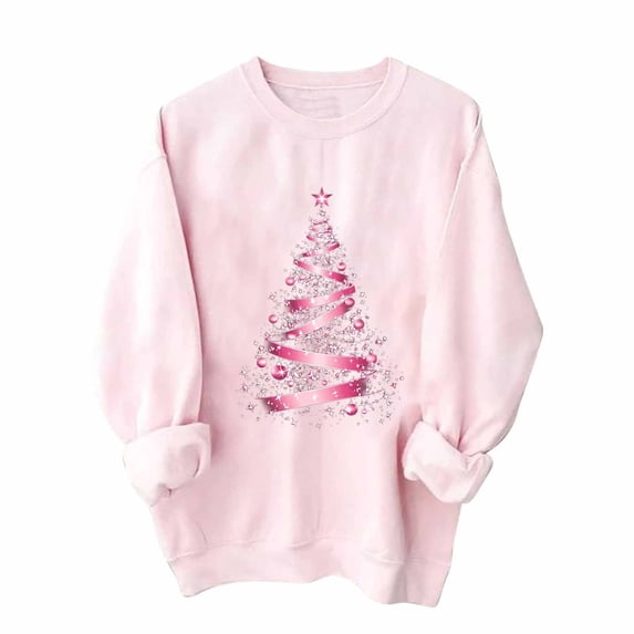 2025 Women Christmas Tree Print Sweatshirt Casual Long Sleeve Crew Neck Christmas T Shirts Top