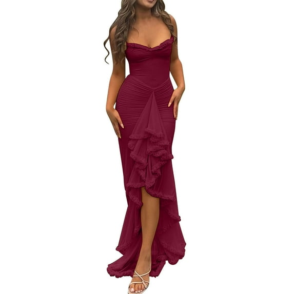 2025 Women Cocktail Maxi Dress Sleeveless Ruched Ruffle Hem Mesh Dresses High Low Split Spaghetti Strap Sundress