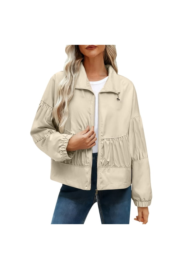 2025 Women Cropped Jacket Lightweight Zip Up Pleated Bomber Short Jackets with Pocket Fall Winter Coats Outwear