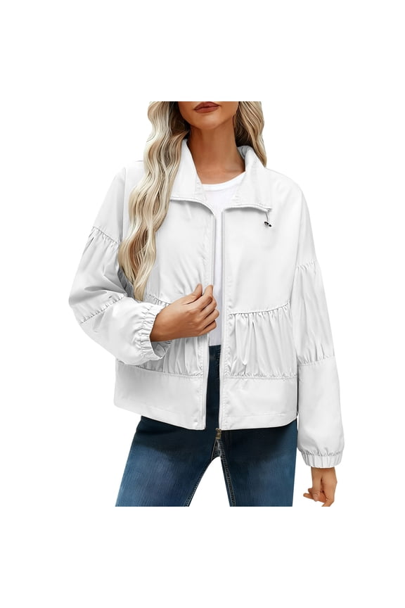 2025 Women Cropped Jacket Lightweight Zip Up Pleated Bomber Short Jackets with Pocket Fall Winter Coats Outwear