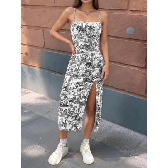 2025 Women Floral Print Dress Sleeveless High Slit Bodycon Midi Sundress French Vintage Style for Beach Date Night Office Party