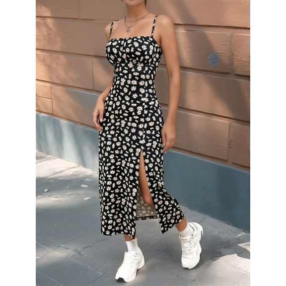 2025 Women Floral Print Dress Sleeveless High Slit Bodycon Midi Sundress French Vintage Style for Beach Date Night Office Party