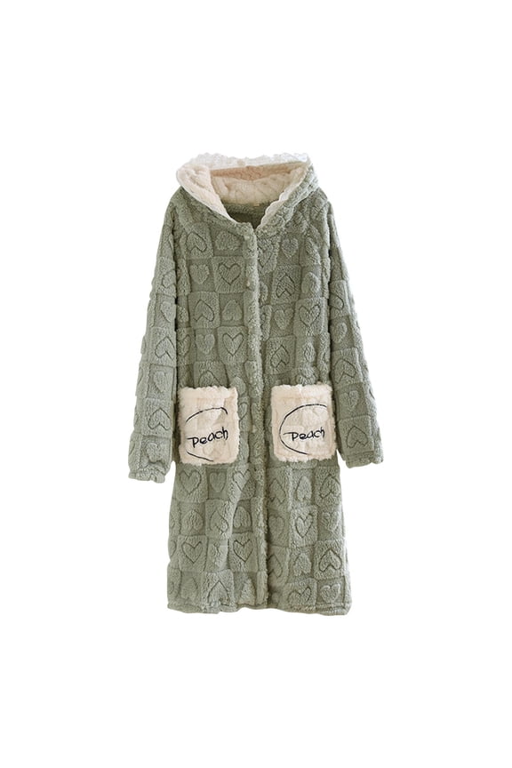 2025 Women Fuzzy Nightgown Hooded Button Down Fall Winter Warm Plush Midi Dress with Pocket Cute Loose Soft Bathrobe