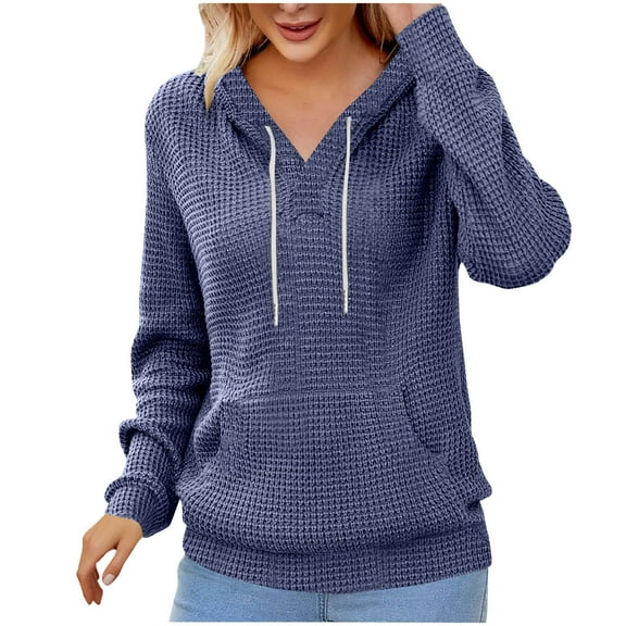 2025 Women Hoodies Sweater Waffle Knit V Neck Tops Oversized Fashion Pullover Casual Long Sleeve Shirts with Pockets