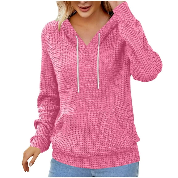 2025 Women Hoodies Sweater Waffle Knit V Neck Tops Oversized Fashion Pullover Casual Long Sleeve Shirts with Pockets