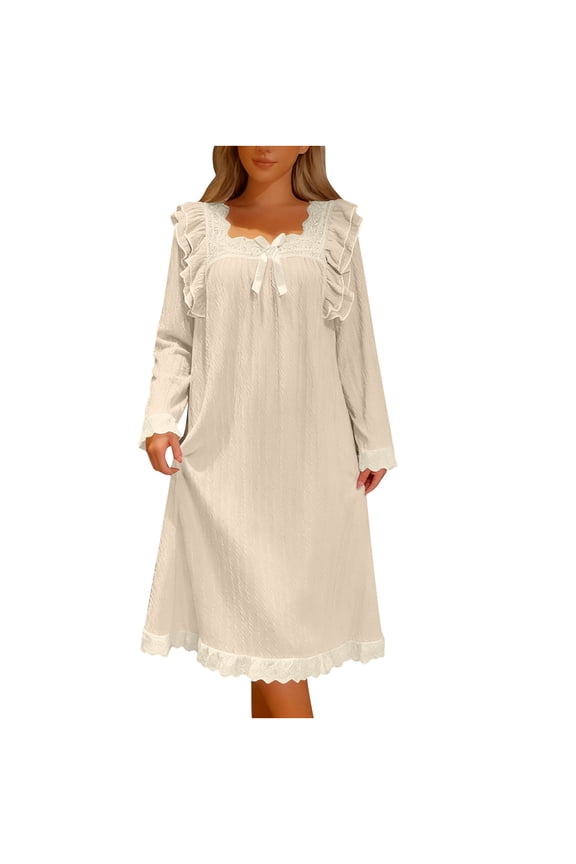 2025 Women Jacquard Square Neck Nightgown Cute Bowknot Ruffle Loose Sleepdress Fall Winter Long Sleeve Nightdress