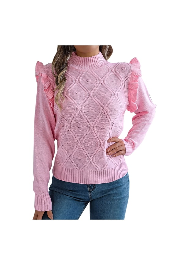 2025 Women Ribbed Turtleneck Sweater Ruffle Trim Long Sleeve Knit Pullover High Neck Casual Tunic Top Coats
