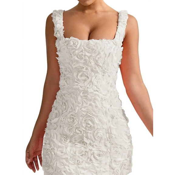2025 Women'S Summer 3D Floral Dress Sleeveless Fashion Party Short Dress Cocktail White XL