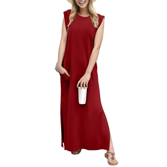 2025 Women Summer Round Neck Casual Loose Split Wrinkle-Free Long Maxi Beach Dress with Pockets