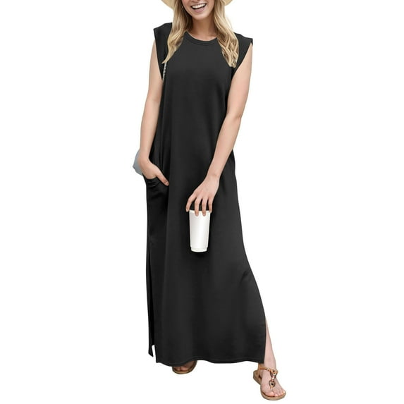2025 Women Summer Round Neck Casual Loose Split Wrinkle-Free Long Maxi Beach Dress with Pockets