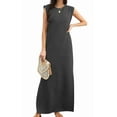 thumbnail image 1 of 2025 Women Summer Round Neck Casual Loose Split Wrinkle-Free Long Maxi Vacation Dress with Pockets Dark Gray L, 1 of 7