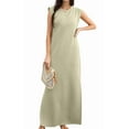 thumbnail image 1 of 2025 Women Summer Round Neck Casual Loose Split Wrinkle-Free Long Maxi Vacation Dress with Pockets Khaki L, 1 of 7