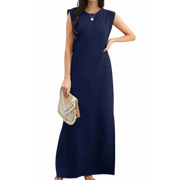 2025 Women Summer Round Neck Casual Loose Split Wrinkle-Free Long Maxi Vacation Dress with Pockets