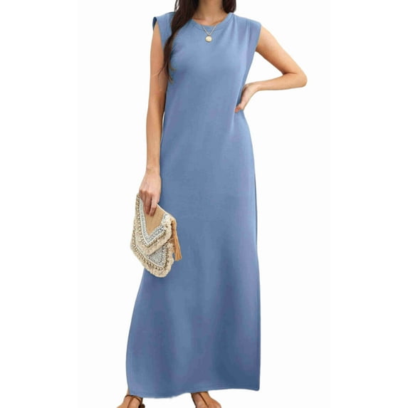 2025 Women Summer Round Neck Casual Loose Split Wrinkle-Free Long Maxi Vacation Dress with Pockets