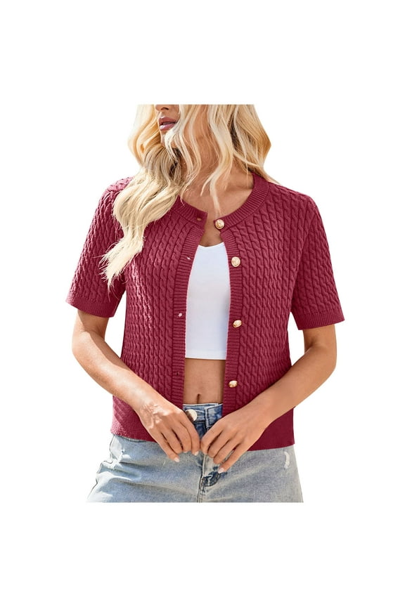 2025 Women Summer Short Sleeve Cardigans Cable Knit Cropped Button Down Crewneck Lightweight Sweater Tops Coat