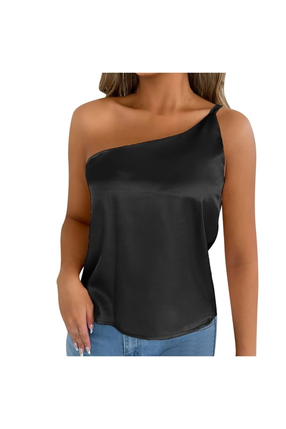 2025 Women Summer Tops Silk Satin One Shoulder Camisole Tank Top Trendy Sleeveless Shirts Going Out Outfits