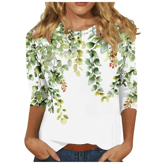 2025 Women Trendy 3/4 Sleeve Tops Summer Floral Print T-Shirts Casual Crewneck Tunic Top Basic Tees