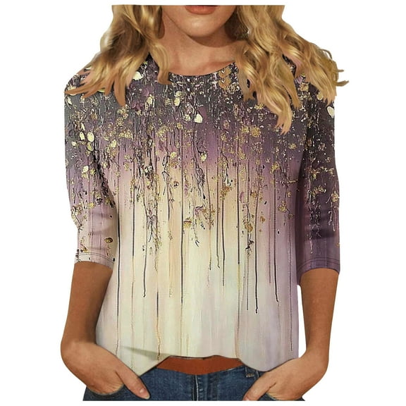 2025 Women Trendy 3/4 Sleeve Tops Summer Floral Print T-Shirts Casual Crewneck Tunic Top Basic Tees