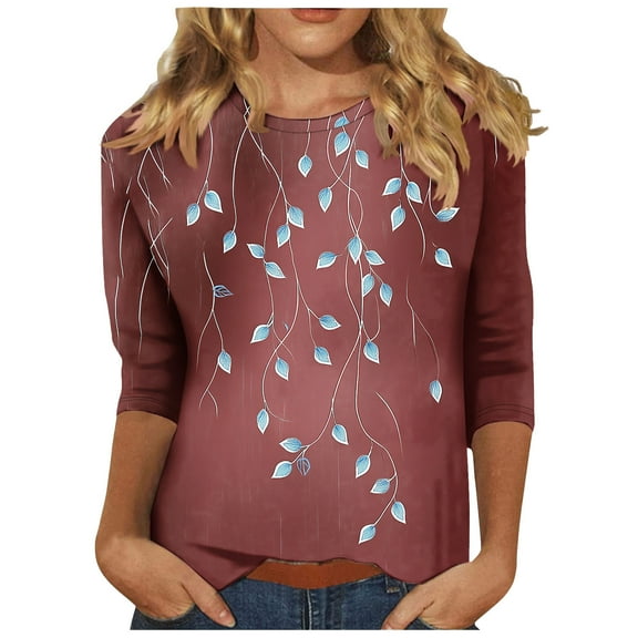 2025 Women Trendy 3/4 Sleeve Tops Summer Floral Print T-Shirts Casual Crewneck Tunic Top Basic Tees