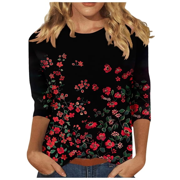 2025 Women Trendy 3/4 Sleeve Tops Summer Floral Print T-Shirts Casual Crewneck Tunic Top Basic Tees