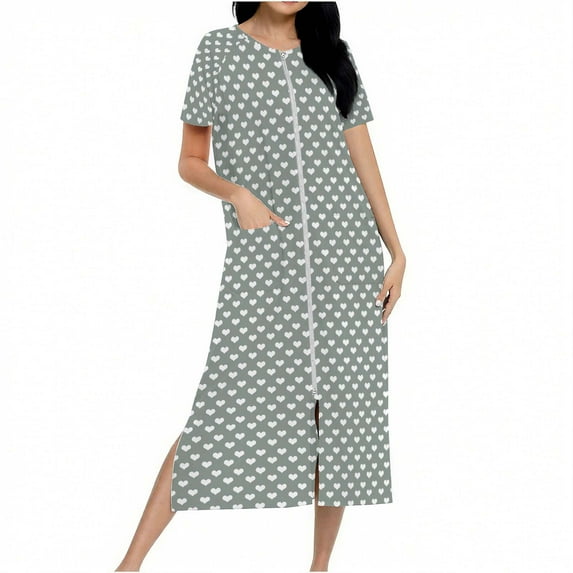 2025 Women Zip Up Nightgown Short Sleeve Sleepwear Dress with Pockets Soft Cotton Lounge Dress Loungewear Pajamas