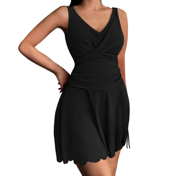 2025 Women's Belly Cover Slim Tankini Swimsuit - Color Blocked Backless Split Swim Dress with Mesh Skirt and Removable Pads