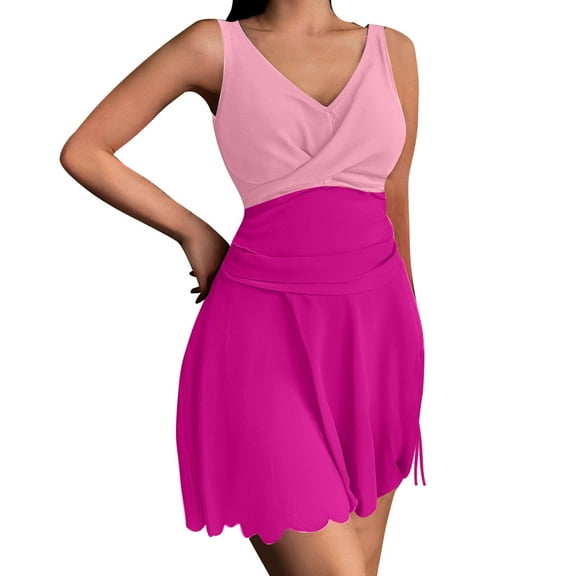 2025 Women's Belly Cover Slim Tankini Swimsuit - Color Blocked Backless Split Swim Dress with Mesh Skirt and Removable Pads