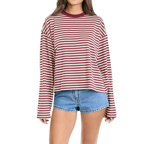 2025 Women's Blocking Round Neck Loose And Lazy Cotton Long Sleeved Striped T Shirt Red Women Silk Shirts Thermal Underwear Top(XS)