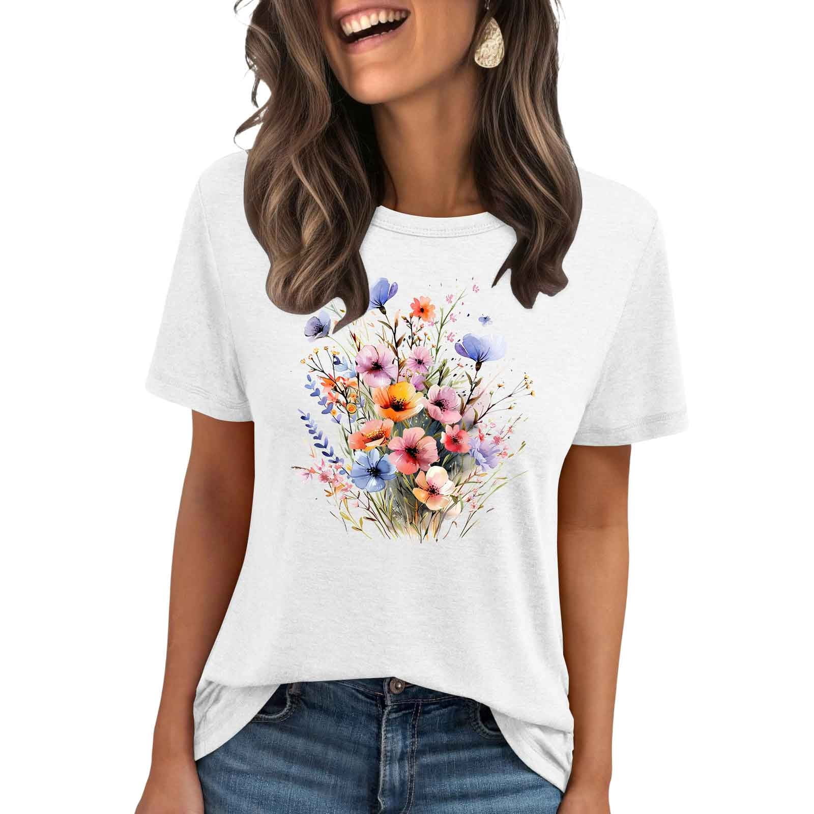 2025 Women's Boho Floral Print T-Shirt - Short Sleeve Cotton Crew Neck ...