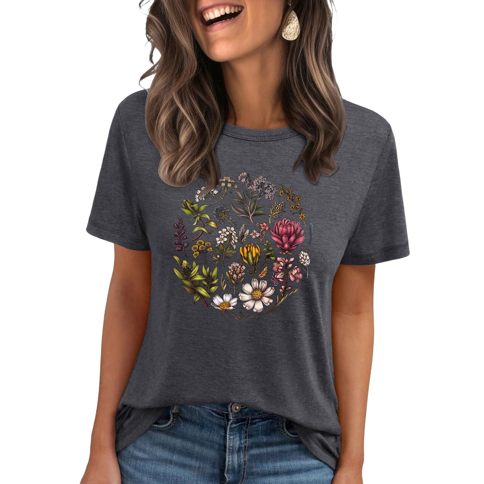 2025 Women's Boho Floral Print T-Shirt - Short Sleeve Cotton Crew Neck ...