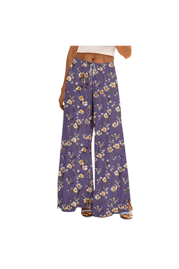 2025 Women's Boho Palazzo Pants - High-Waisted Cotton Linen Wide Leg Trousers with Pockets (Floral Print & Retro Loose Fit for Summer)
