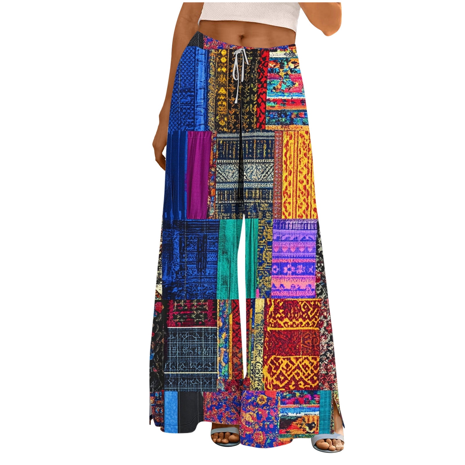 Boho Flare Pants For Women - Rave High Waist Bell Bottom Retro 70s Disco Legging Floral Palazzo Wide Leg Trousers, Green