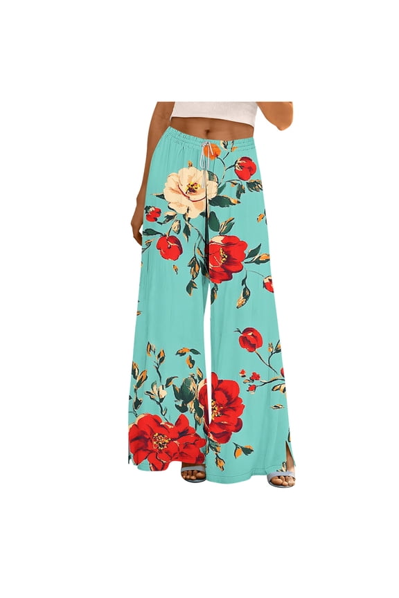 2025 Women's Boho Palazzo Pants - High-Waisted Cotton Linen Wide Leg Trousers with Pockets (Floral Print & Retro Loose Fit for Summer)