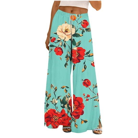 2025 Women's Boho Palazzo Pants - High-Waisted Cotton Linen Wide Leg Trousers with Pockets (Floral Print & Retro Loose Fit for Summer)