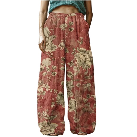 2025 Women's Boho Palazzo Pants - High-Waisted Cotton Linen Wide Leg Trousers with Pockets (Floral Print & Retro Loose Fit for Summer)