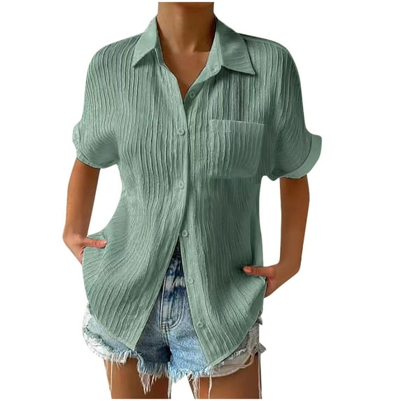 2025 Women's Button Placket Casual Cotton Shirt, Womens Solid Color Lapel Pocket Short Sleeve, Women Button Down Shirt Tops