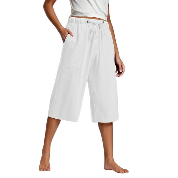2025 Women's Cotton-Linen Capri Pants - High-Waisted Wide Leg Palazzo Trousers with Drawstring & Pockets (Loose Fit & Breathable for Summer)