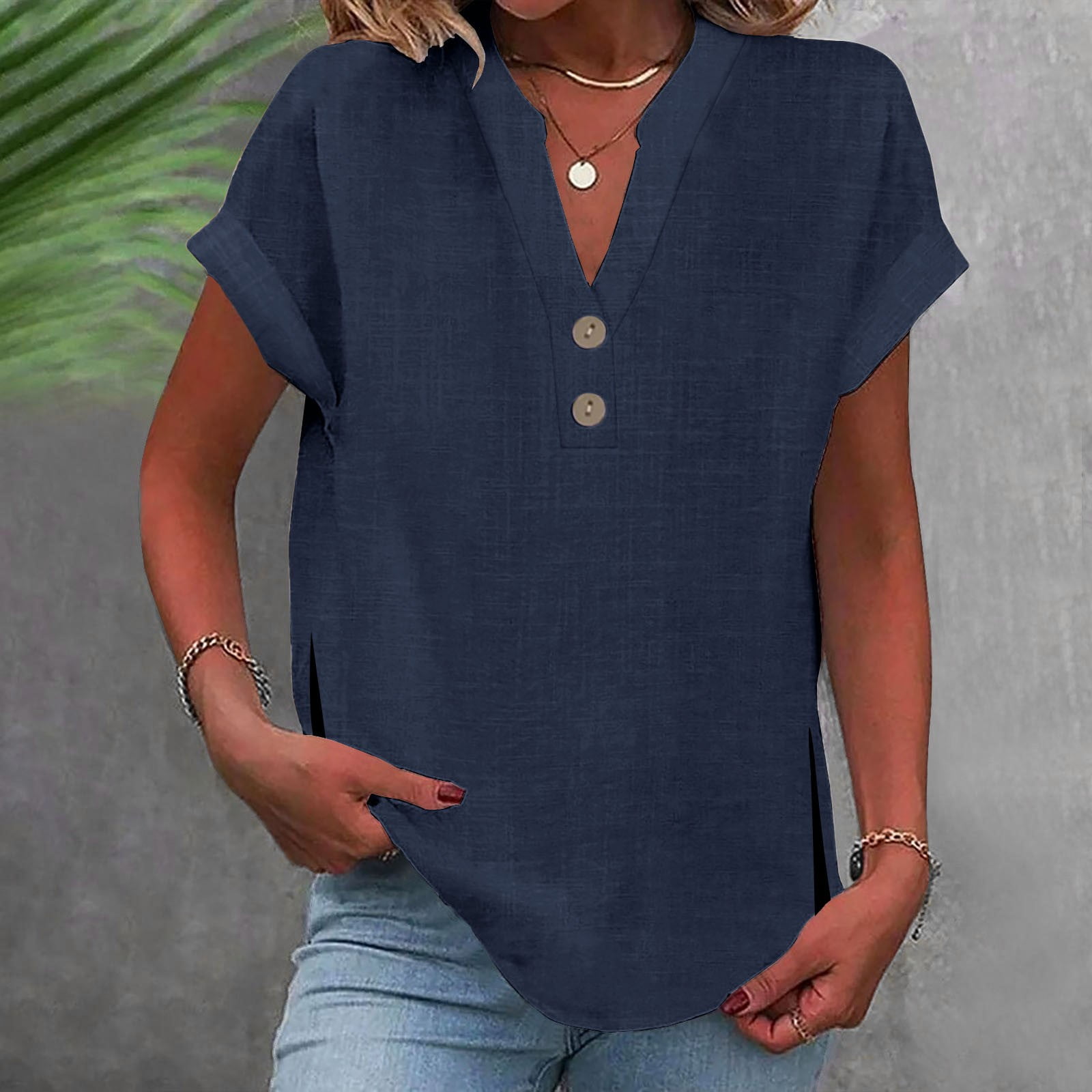 2025 Women's Cotton Linen Slit Top - V Neck Button Short Sleeve Casual ...