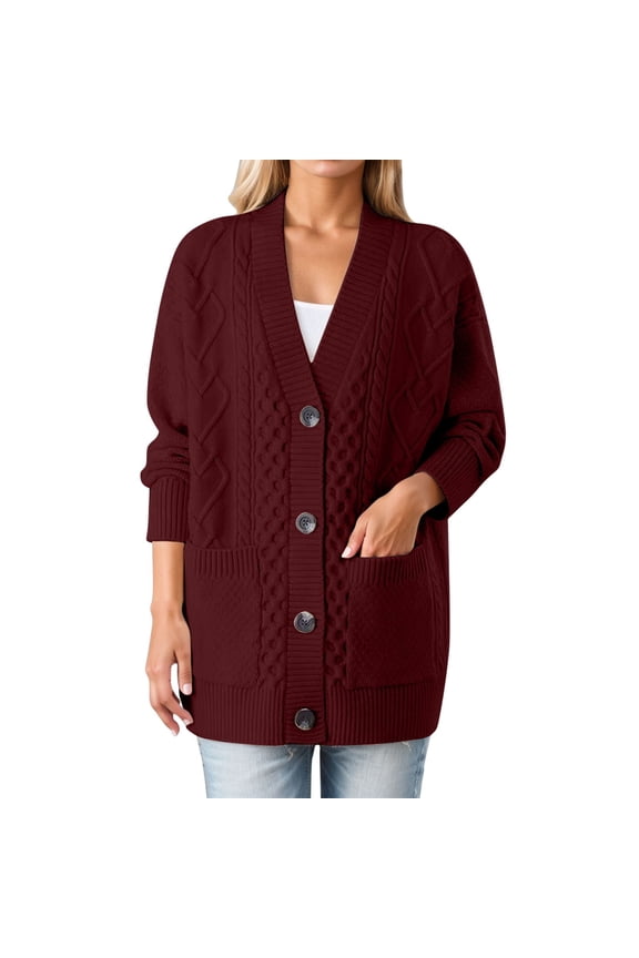 2025 Women's Fall Cable Knit Cardigan Sweater Chunky Button Up Open Front Long Sleeve Outwear Oversized Coats