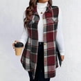 thumbnail image 1 of 2025 Women's Fall Plaid Lapel Collar Vest Tops - Sleeveless Mid-Length Single Breasted Casual Fashion Jackets Purple 5XL, 1 of 5
