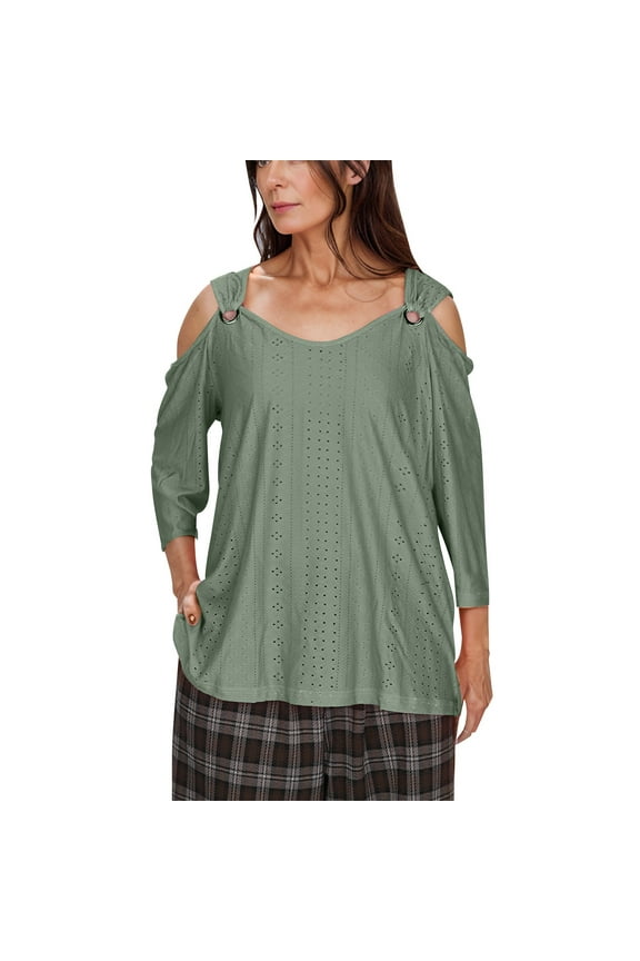 2025 Women's Fashion Casual Solid Color Cold Shoulder Pullover Top, V-Neck Seven-Point Sleeve Loose Fit T-Shirt, Stylish and Comfortable Shirt for Summer, Casual Daily Wear Top