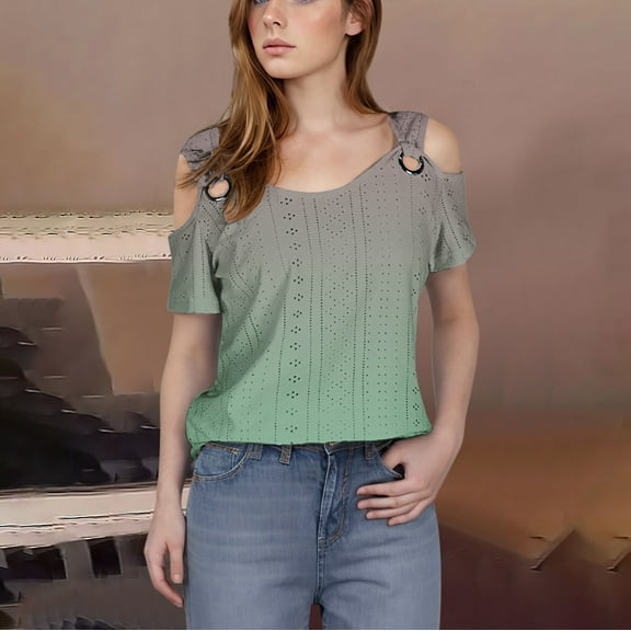 2025 Women's Fashion Casual Solid Color Eyelet Embroidery Shoulder Leakage Short Sleeve Pullover Short Sleeve Top