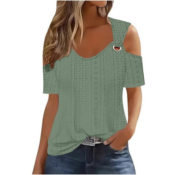2025 Women's Fashion Casual Solid Color Shoulder Leakage Short Sleeve Pullover Short Sleeve Top Green,M