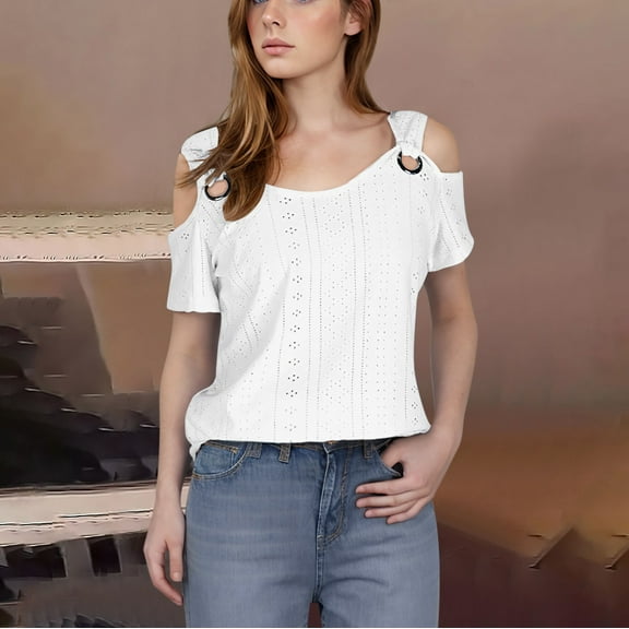 2025 Women's Fashion Casual Solid Color Shoulder Leakage Short Sleeve Pullover Short Sleeve Top
